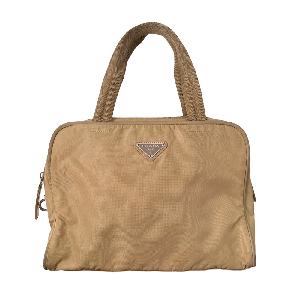 Prada tan Tessuto sport nylon triangle logo small zip tote bag